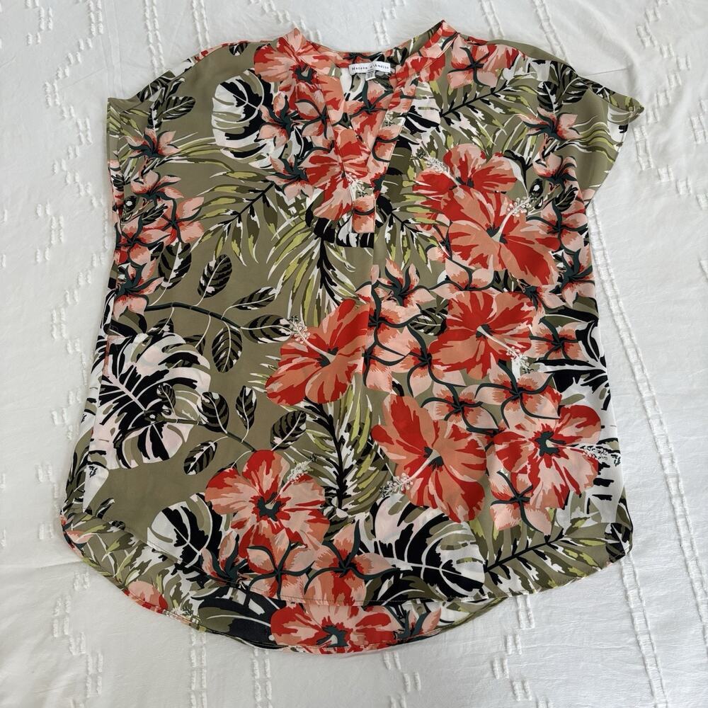 Maison d’Amelie Paris Tropical Floral Blouse Women’s M Olive Split Neck Top - Picture 10 of 10